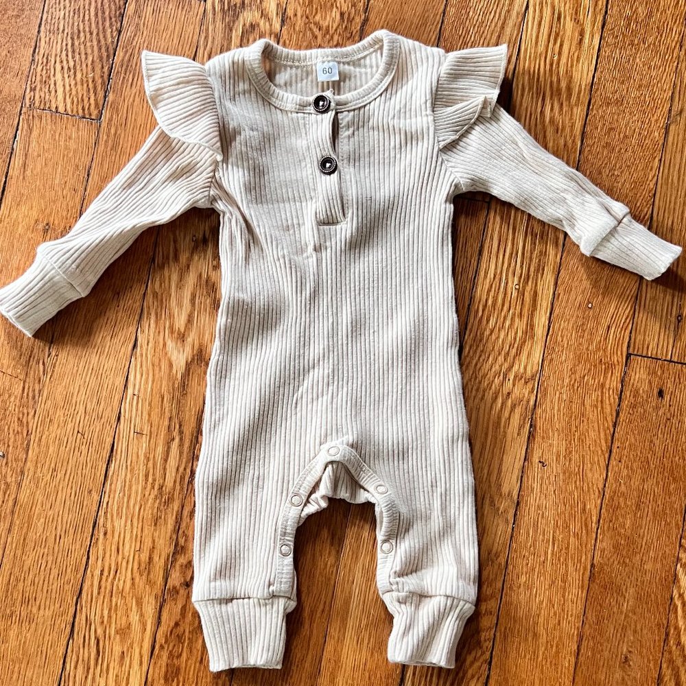 Cream Romper - 3-6 months, button-front, ruffle-shoulder
